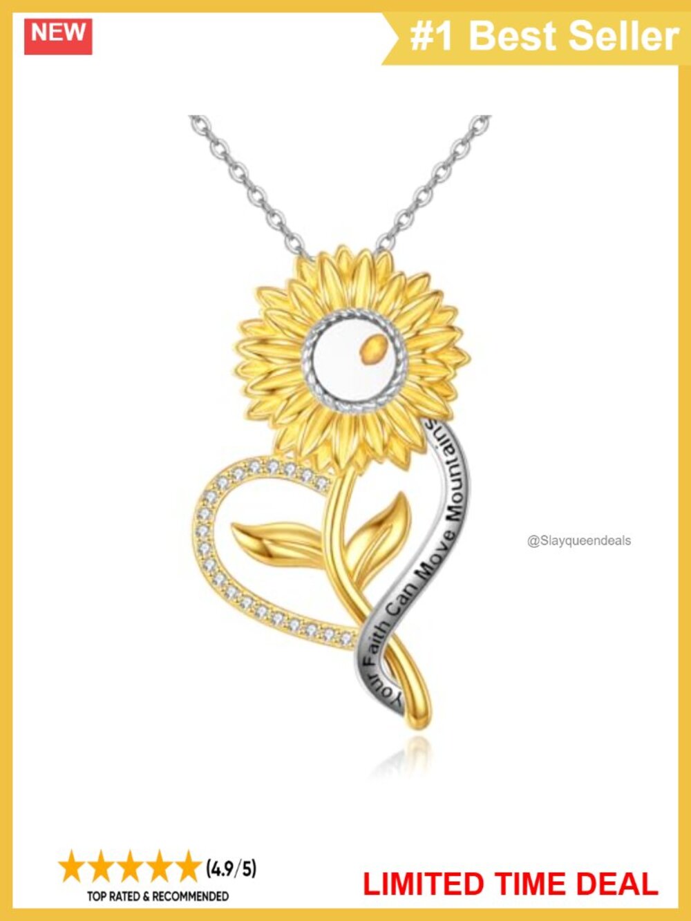 18K Gold Plated Sunflower Mustard Seed Faith Necklace 925 Sterling Silver